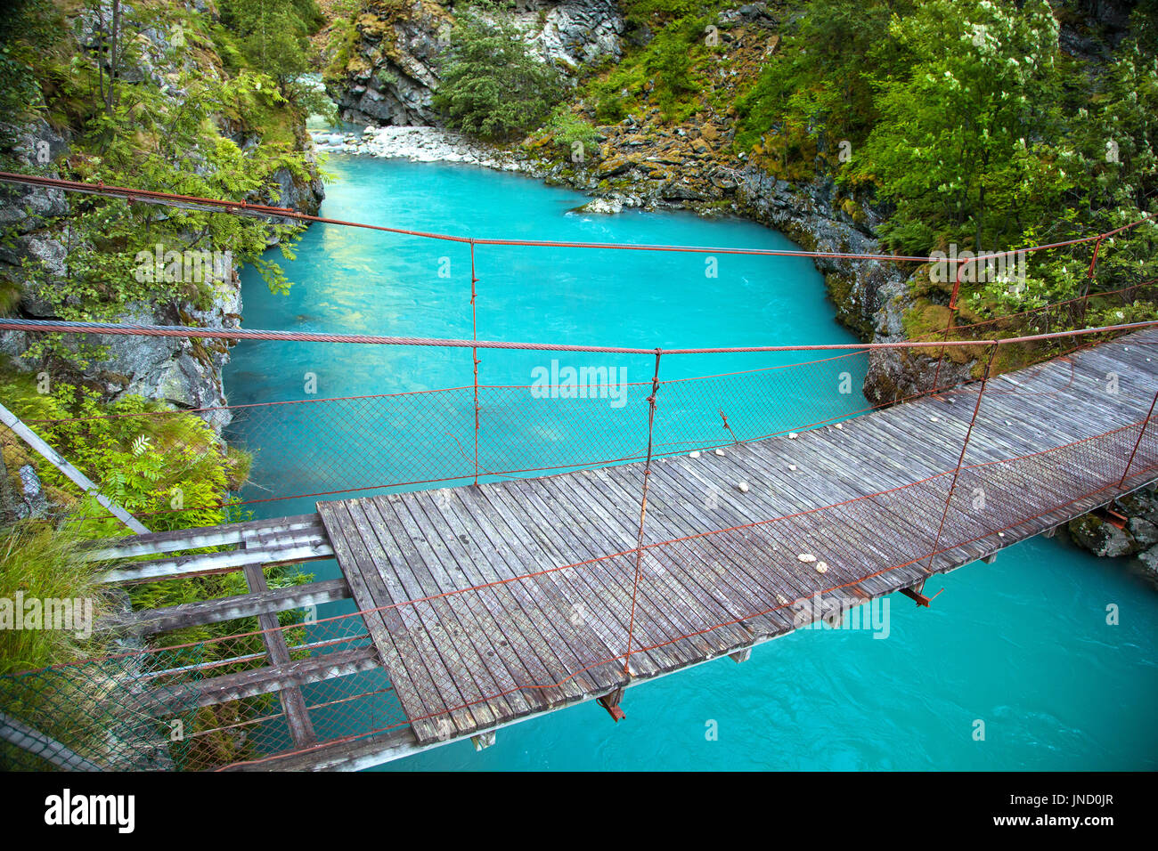 Petit pont de corde sur green river en Utladalen Utla, Norvège Banque D'Images