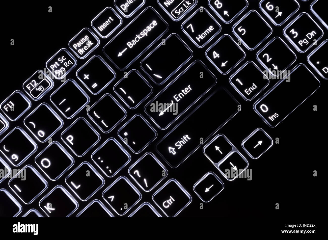 Vue de dessus sur clavier d'ordinateur avec mettant en lumière la nuit Banque D'Images