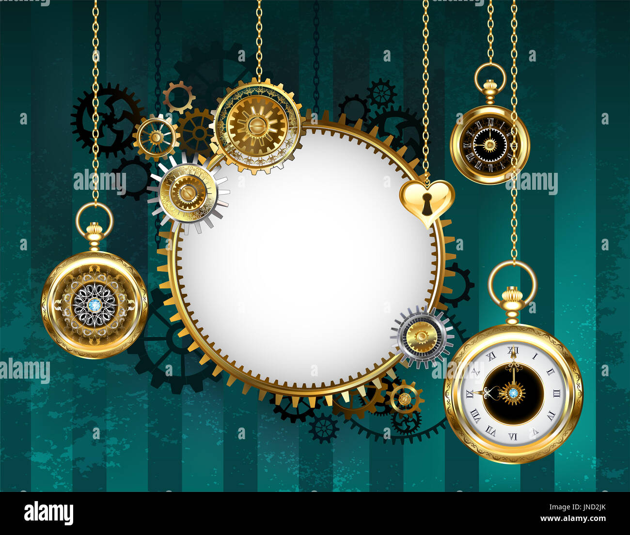 Lumière ronde bannière avec une armature mécanique ornée avec des engrenages et une horloge ancienne avec des chaînes en or sur un fond rayé vert. Style Steampunk. Banque D'Images