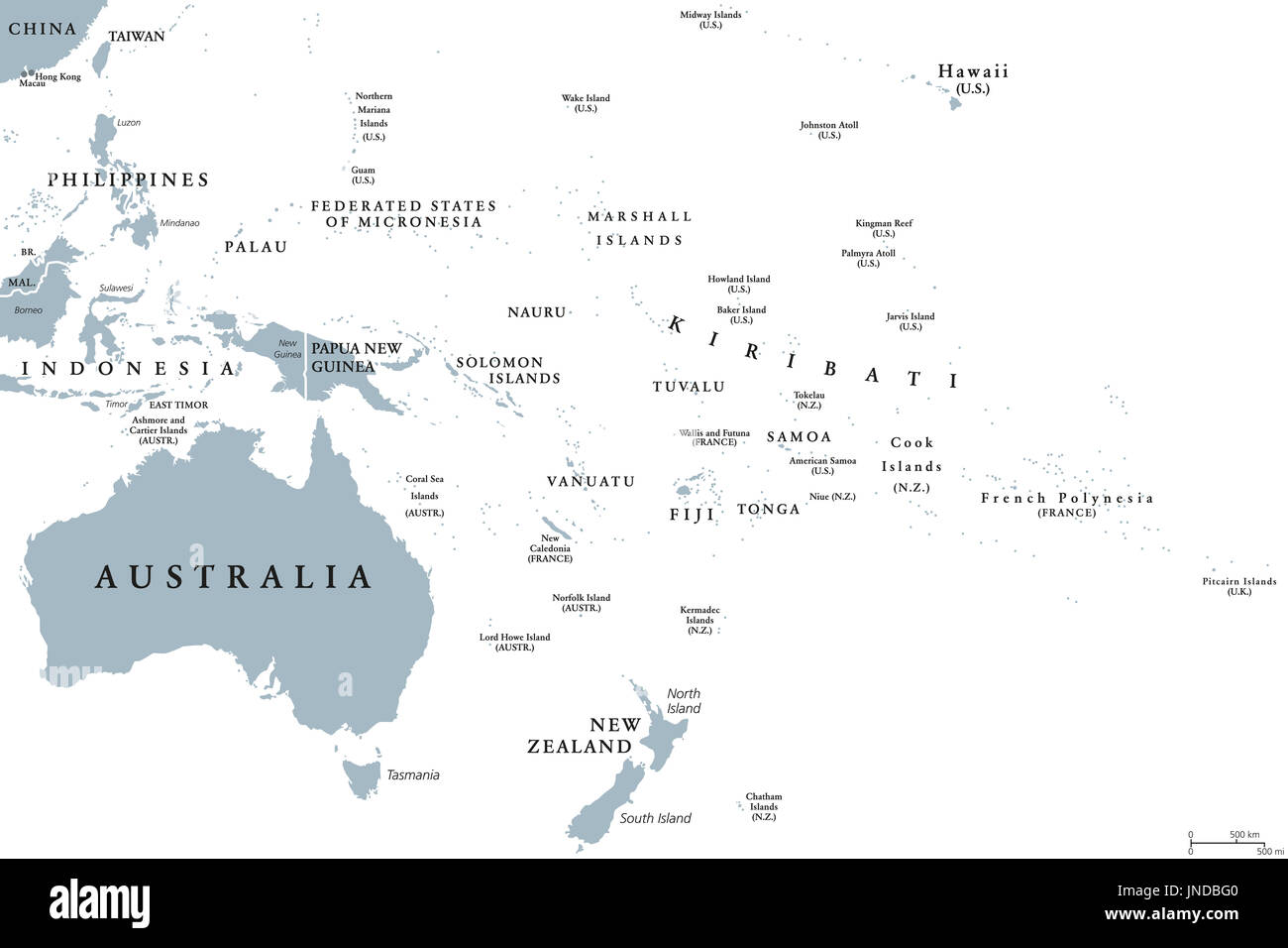 Carte politique de l'Océanie avec les pays. L'étiquetage en anglais. Région, comprenant l'Australie et les îles du Pacifique avec la Mélanésie, la Micronésie et la Polynésie. Banque D'Images