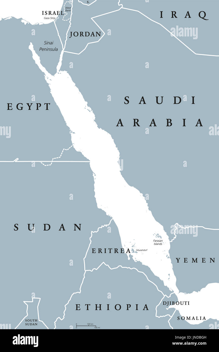 Carte politique de la Mer Rouge. L'étiquetage en anglais. Aussi appelé l'Erythraean Sea. Prise d'eau de mer de l'Océan Indien. L'illustration. Banque D'Images