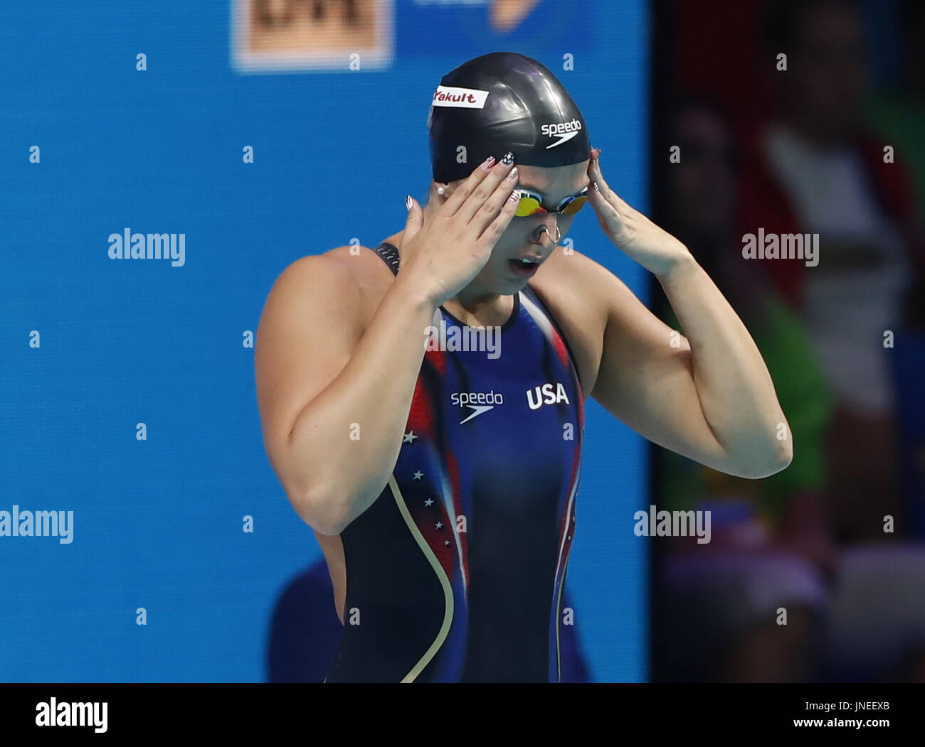 Budapest. 29 juillet, 2017. Kathleen Baker de l'United States réagit avant l'épreuve de natation 200m dos à la 17e Championnats du Monde de Natation FINA, qui a eu lieu à Budapest, Hongrie le 29 juillet 2017. Credit : Ding Xu/Xinhua/Alamy Live News Banque D'Images