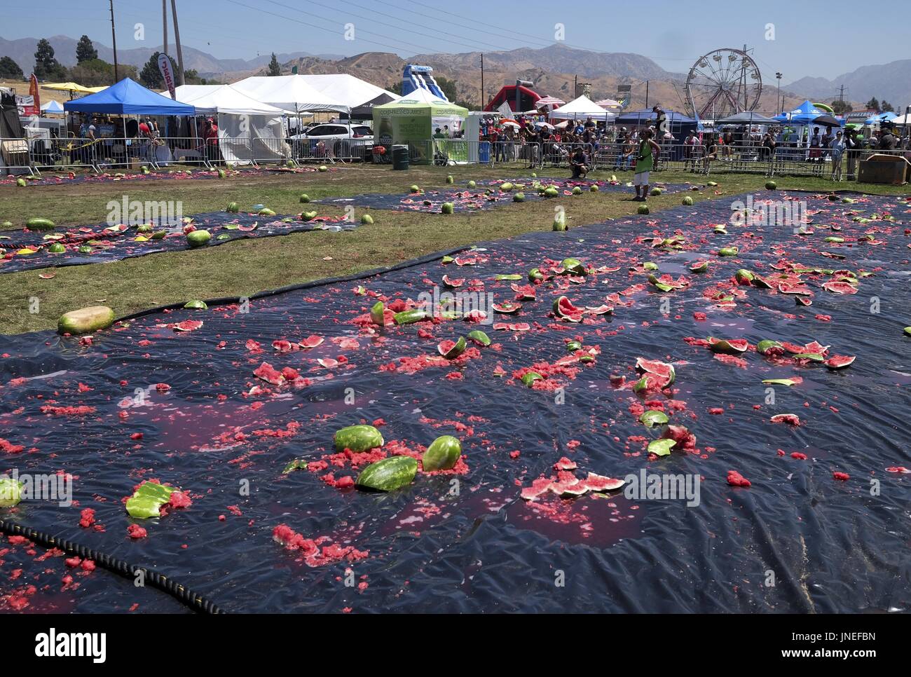 Los Angeles, Californie, USA. 4 janvier, 2017. La pastèque cassée lors de la 55e Festival annuel de pastèque de la Californie à Los Angeles, samedi, 29 juillet, 2017. Ringo : crédit Chiu/ZUMA/Alamy Fil Live News Banque D'Images