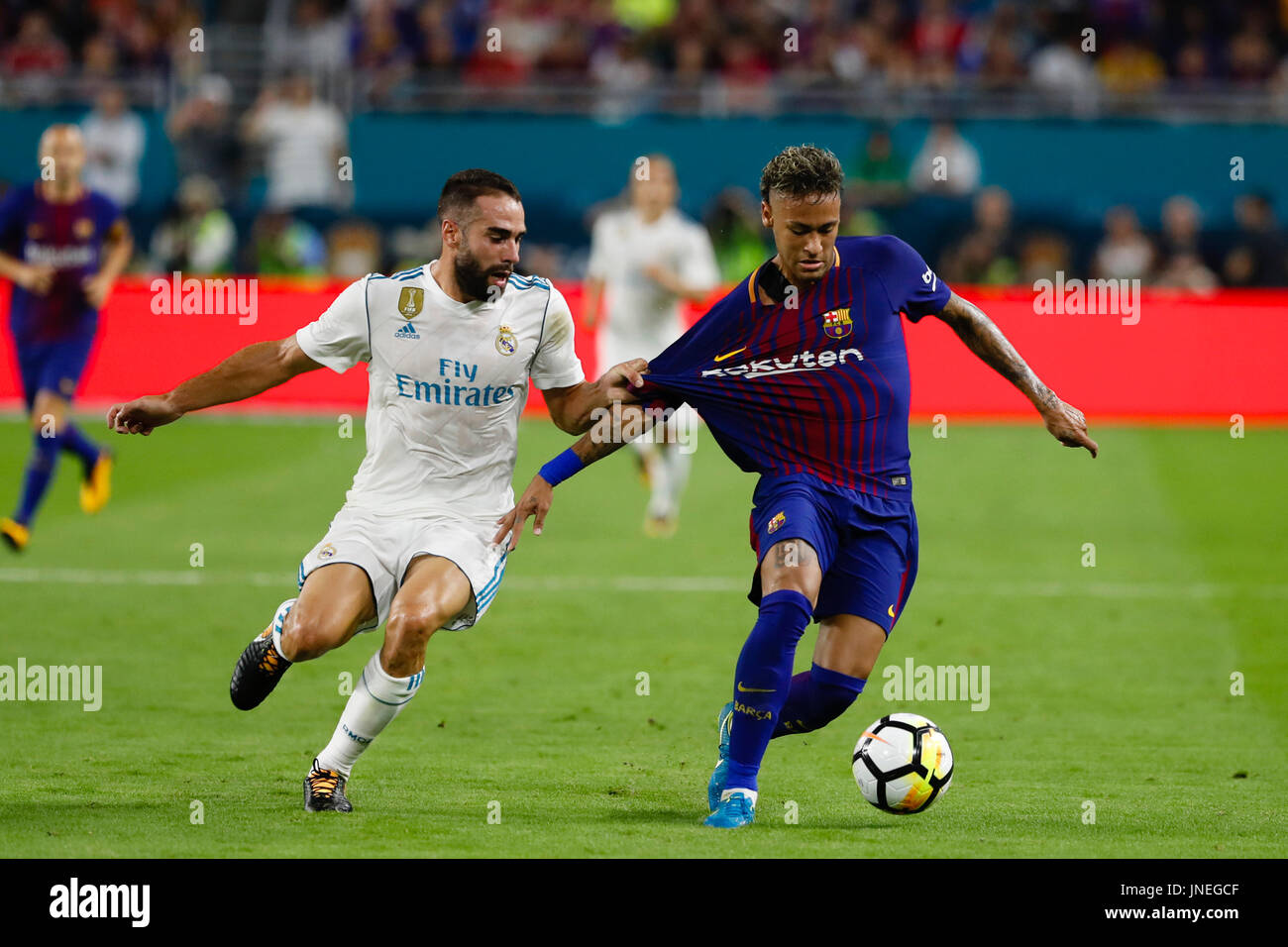 Neymar Da Silva Santos Junior (11) joueur du FC Barcelone. Daniel Carvajal Ramos (2) Real player.Coupe des champions internationaux entre le Real Madrid vs FC Barcelone match friendly au Hard Rock Stadium (Miami), Floride, États-Unis, le 30 juillet 2017 . Banque D'Images