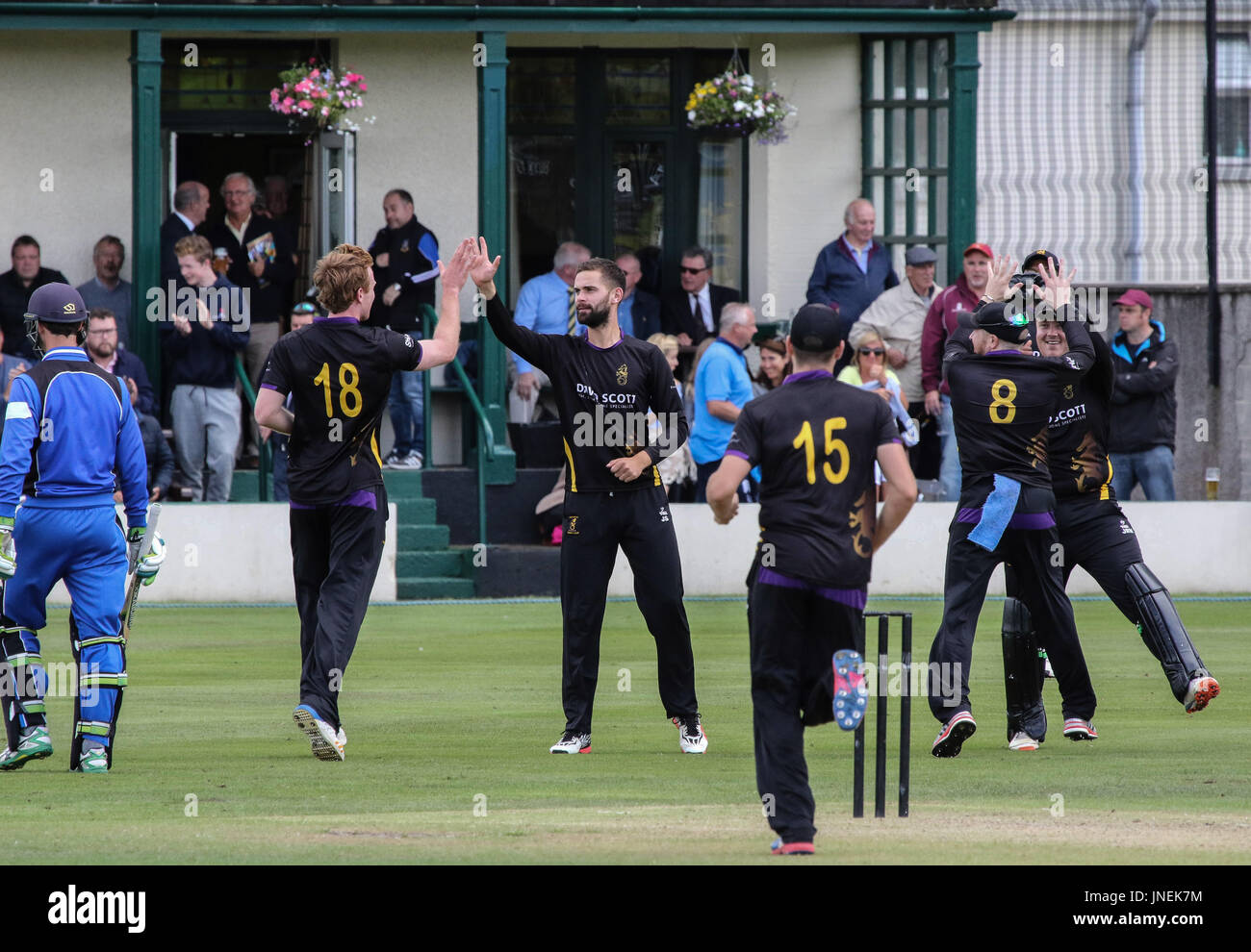 Le Livre vert, Comber, Irlande du Nord, Royaume-Uni. 29 juillet 2017. CIYMS Instonians défait par six wickets pour gagner la finale de la coupe d'Arthur J. Gallagher. Instonians célébrer la prise d'wickt Christopher Dougherty. Crédit : David Hunter/Alamy Live News. Banque D'Images