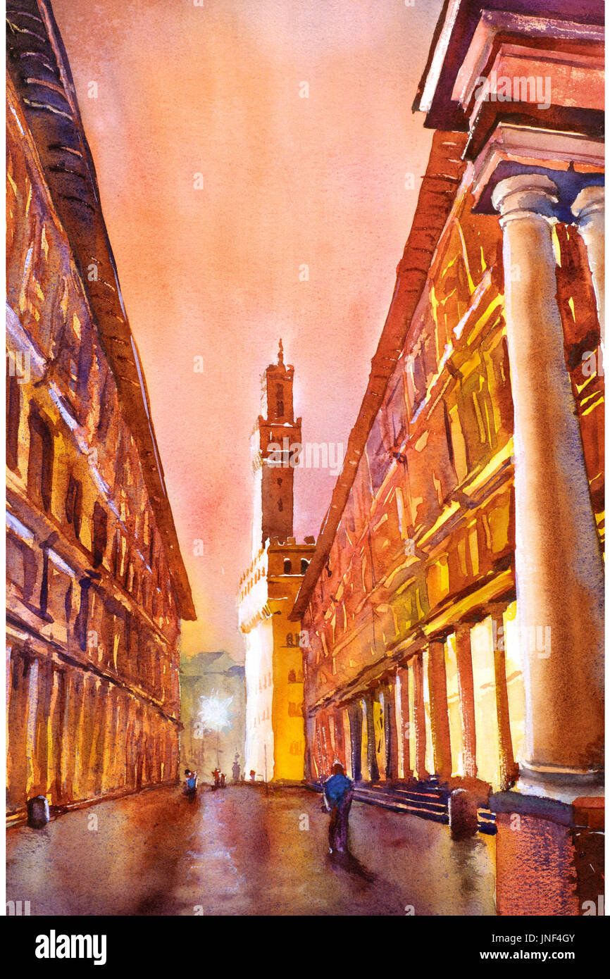 Fine art de l'aquarelle à colonnade de l'extérieur de la Galerie des Offices dans la ville médiévale de Florence, Italie pendant la nuit. Florence l'art. Banque D'Images
