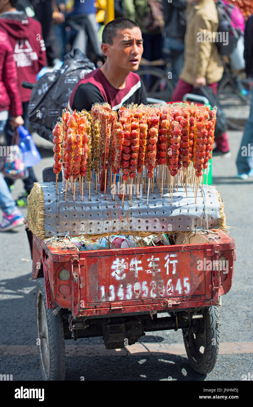 Vendeur chinois vendant des bonbons dans la rue en zone touristique de la cité interdite, Pékin, Chine Banque D'Images