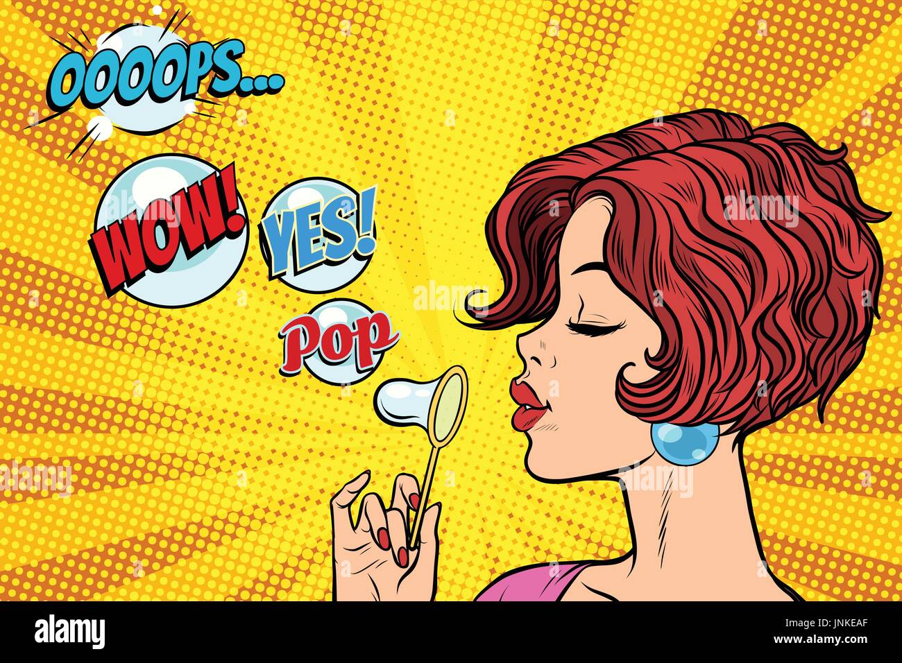 Young woman blowing bulles d'comic. oops wow oui pop. Pop art retro vector illustration Illustration de Vecteur