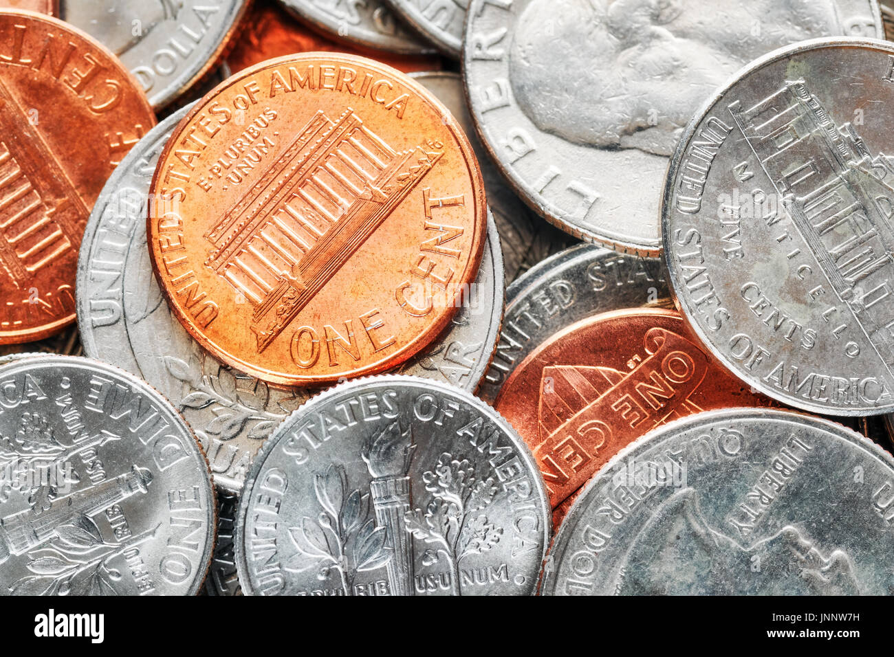 Extreme close up photo de United States dollar Monnaie, faible profondeur de champ. Banque D'Images