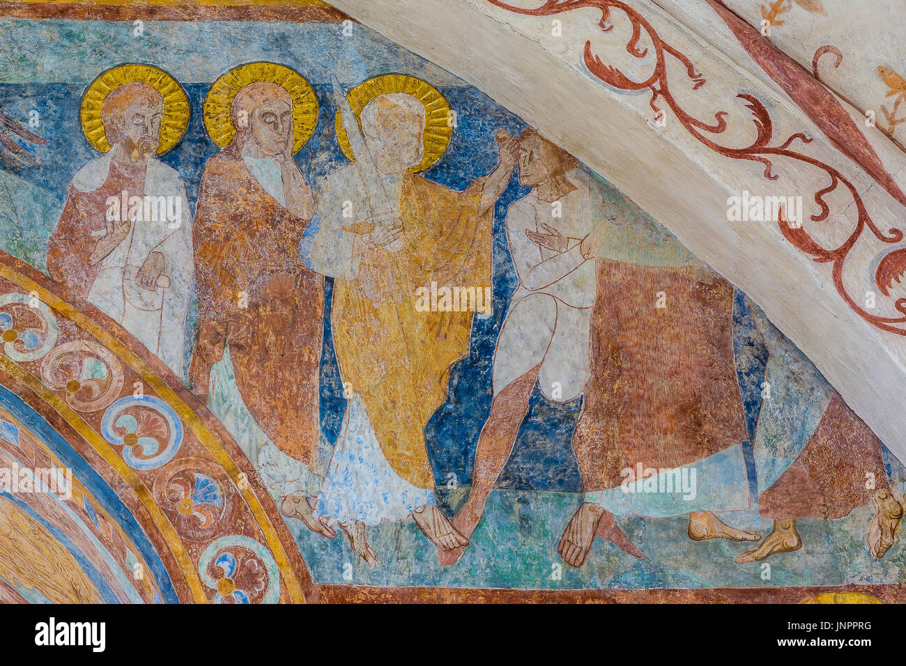 L'arrestation de Jésus, Pierre coupant l'oreille d'un serviteur, une fresque romane médiévale à Jorlunde église, Danemark, le 24 juillet 2017 Banque D'Images