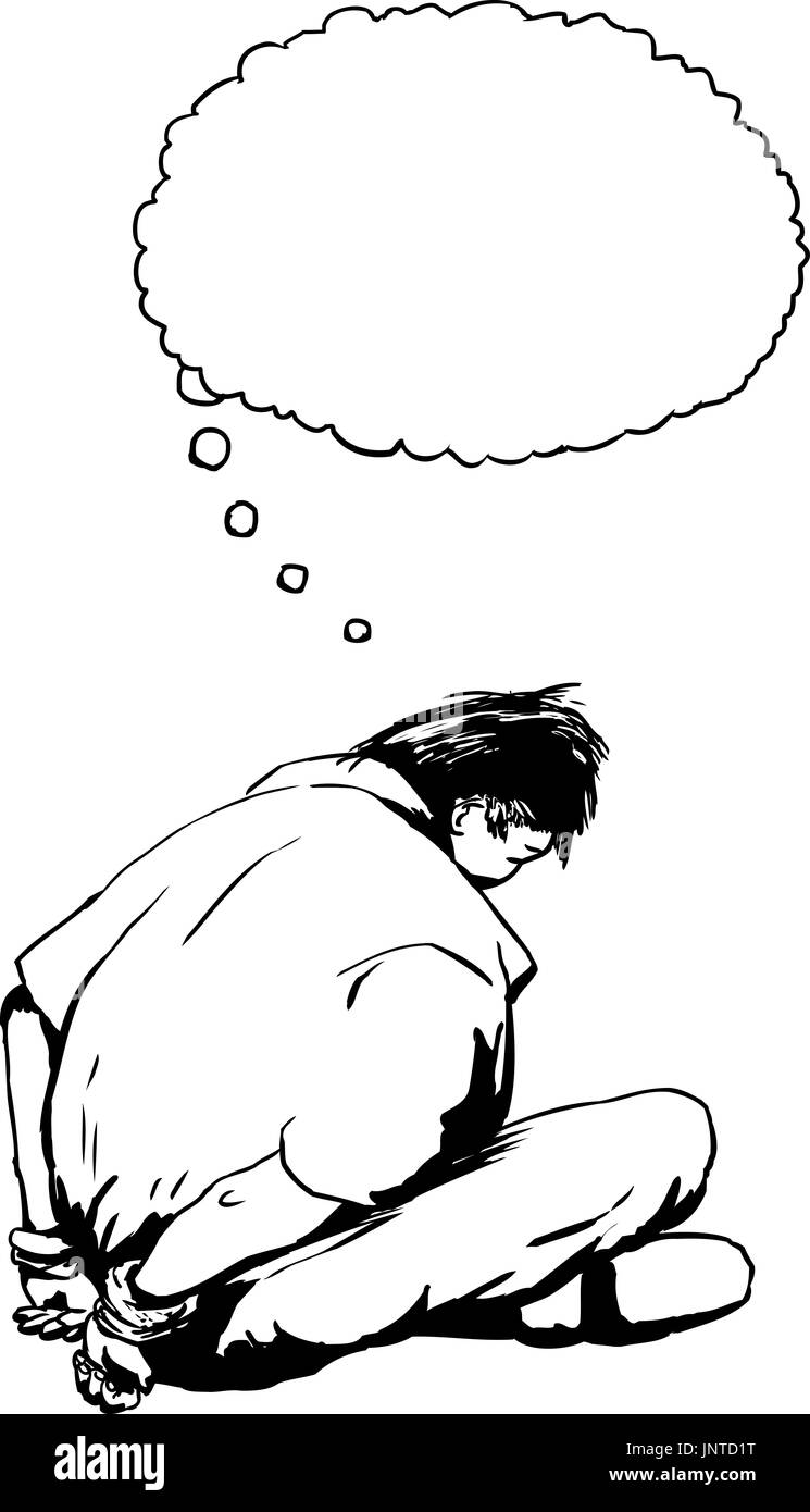 Prisonnier avec deux mains enchaînées derrière le dos alors qu'il était assis sur le sol. Comprend bulle de pensée. Banque D'Images