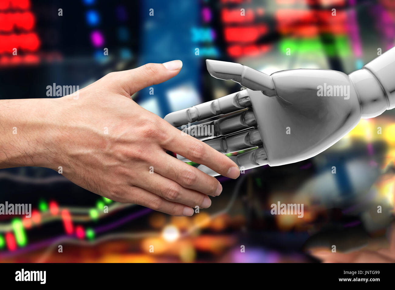 L'intelligence artificielle (IA) conseiller ou conseillère en stock robo-technologie du marché financier. Serrer la main de l'homme et de l'investisseur le rendu 3d du robot. Abst Banque D'Images