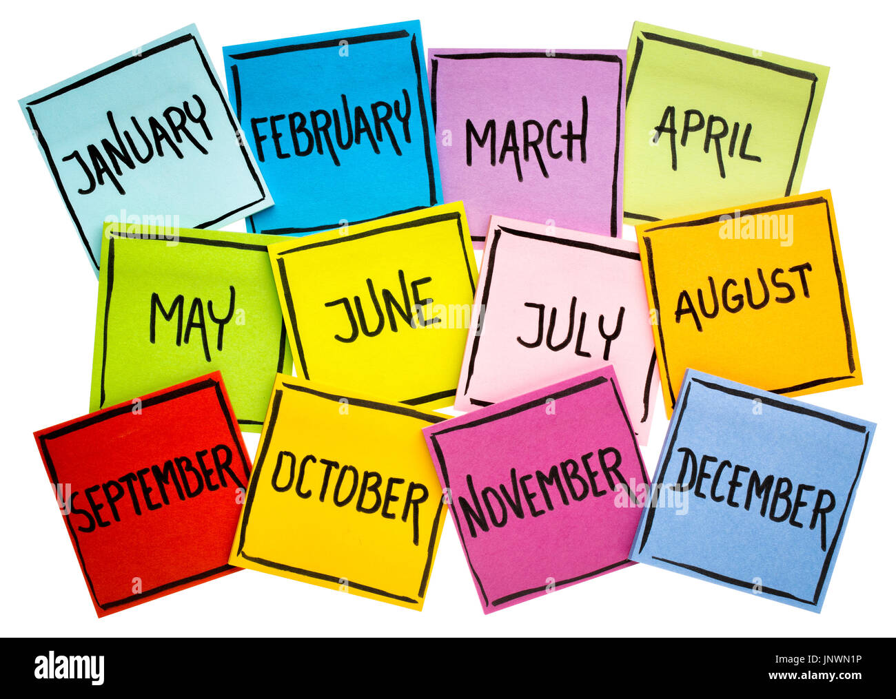 Ensemble de douze mois (Janvier, Février, Mars, Avril, Mai, Juin, Juillet, Août, Septembre, Octobre, Novembre, Décembre) - à l'encre noire sur l'écriture manuscrite Banque D'Images