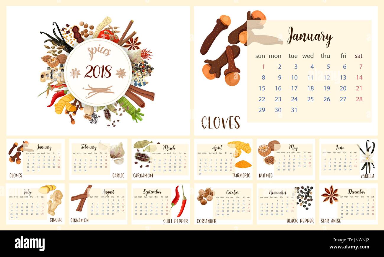 Calendrier 2018 planner conception. d'épices. culinaire de girofle, ail, curcuma, cardamome, vanille, muscade, cannelle, piment, Coriandre, Gingembre, noir p Illustration de Vecteur