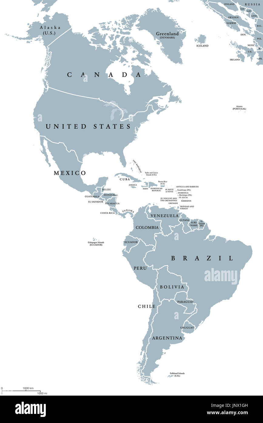 L'Amérique carte politique avec des pays et des frontières des deux continents Amérique du Nord et du Sud. L'étiquetage en anglais. Gris illustration sur blanc. Banque D'Images