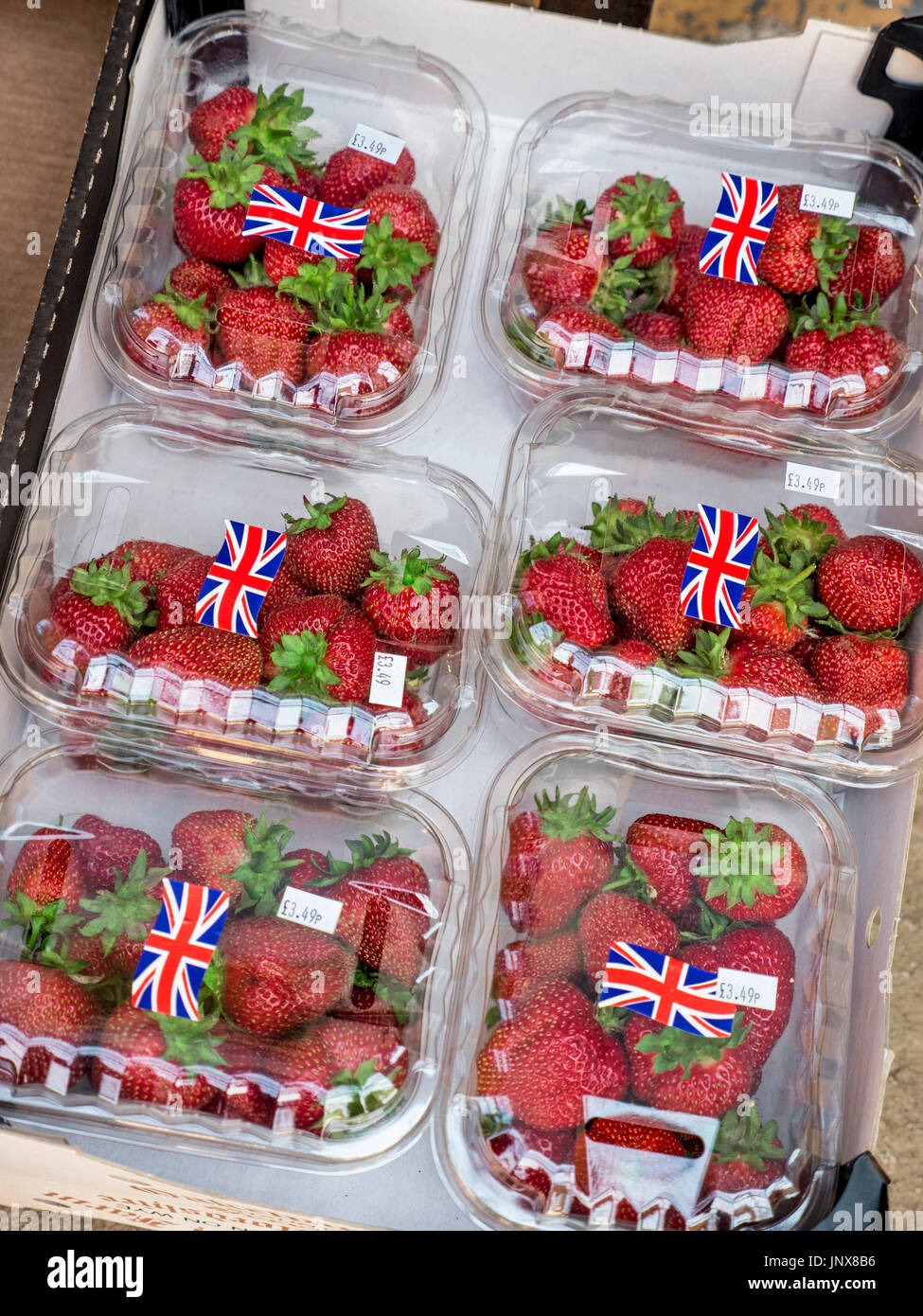 La fraises à l'afficher en clair dans le marché des conteneurs en plastique punnett avec motif Union Jack flag Banque D'Images