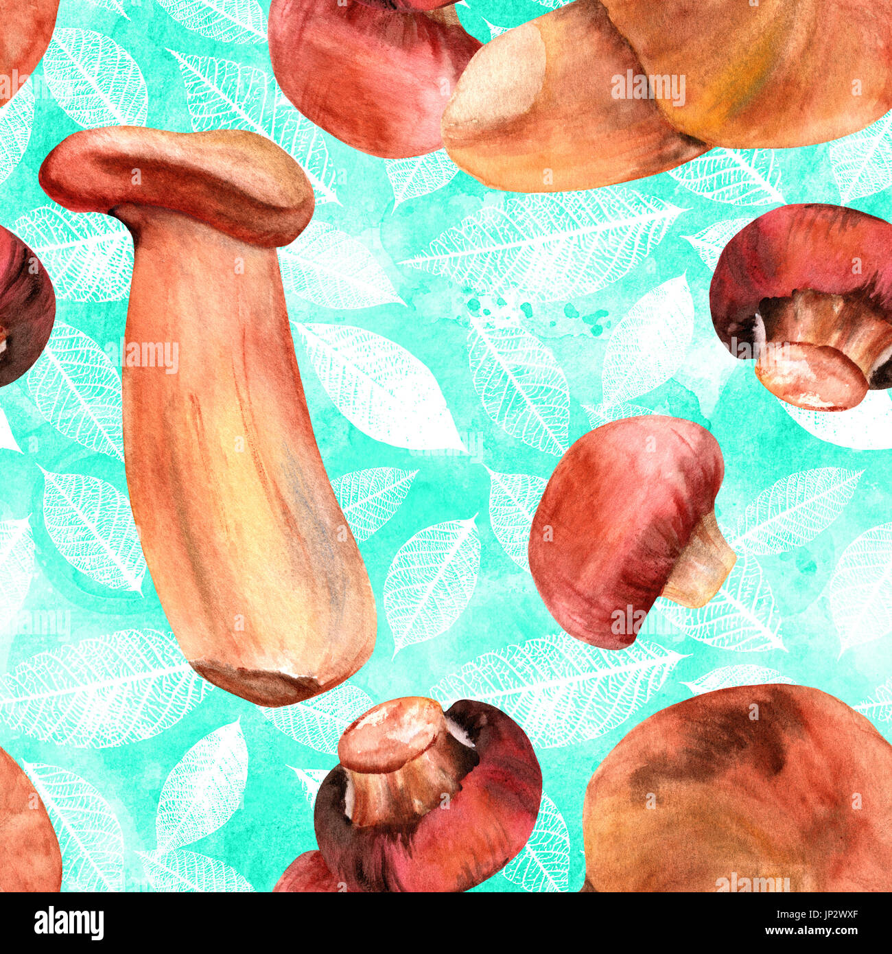 Un motif de fond transparent avec aquarelles de champignons. Portobello, roi de la trompette, et boletus, peintes à la main sur un fond bleu sarcelle avec lea Banque D'Images