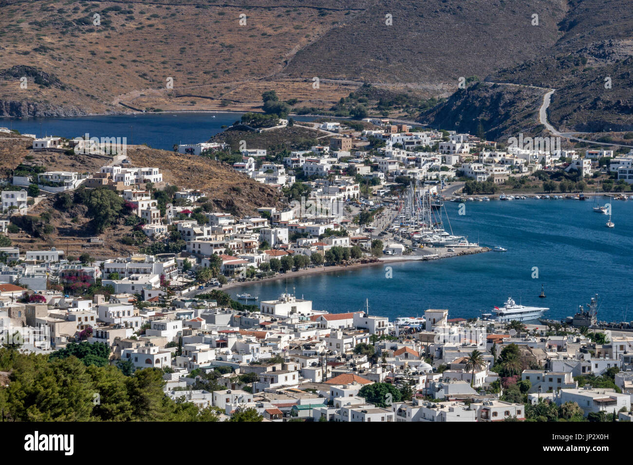 Vue aérienne de Skala, l'île de Patmos Dodécanèse, Grèce Banque D'Images