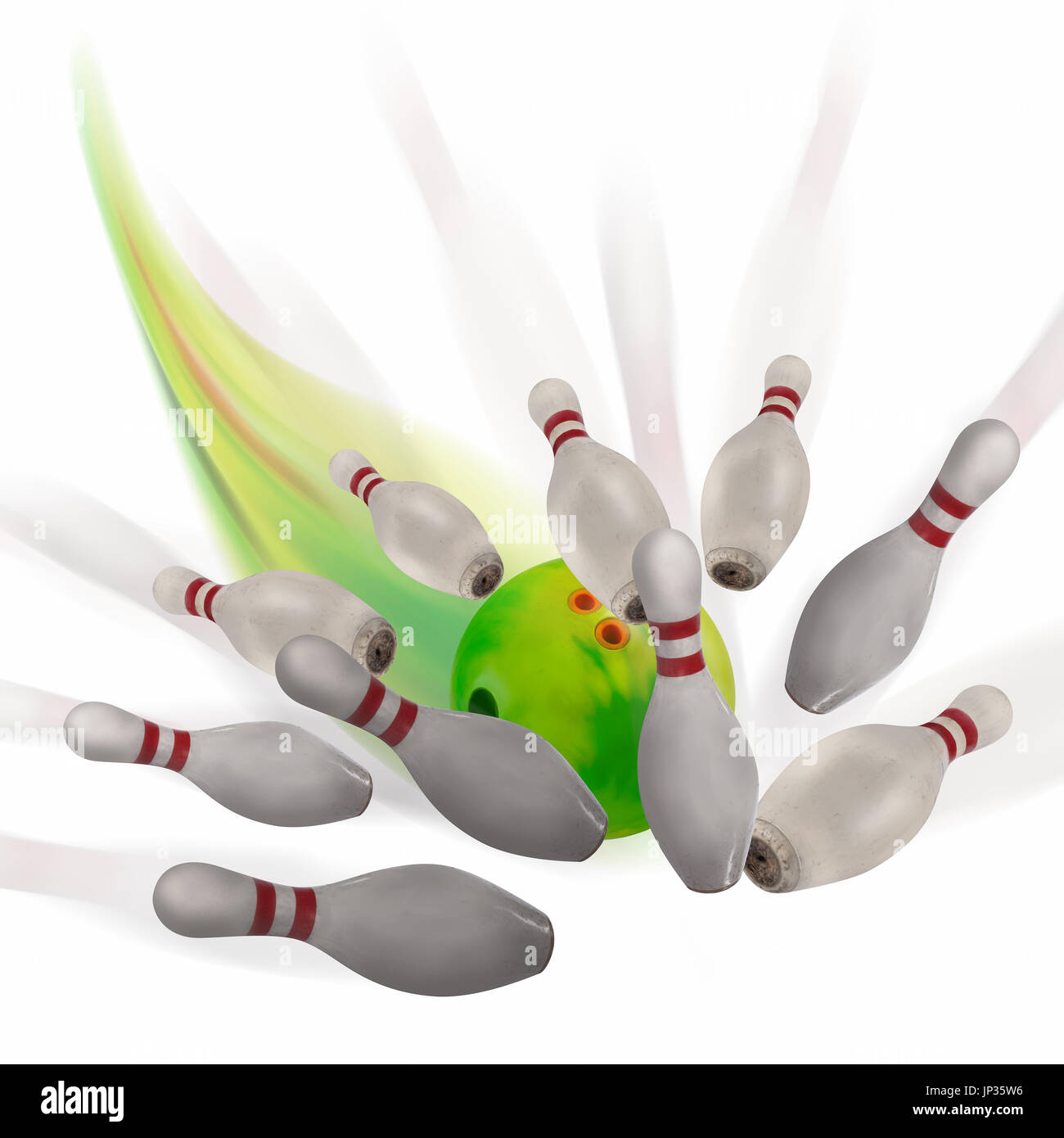 Bowling strike avec fast green bowling ball. Banque D'Images