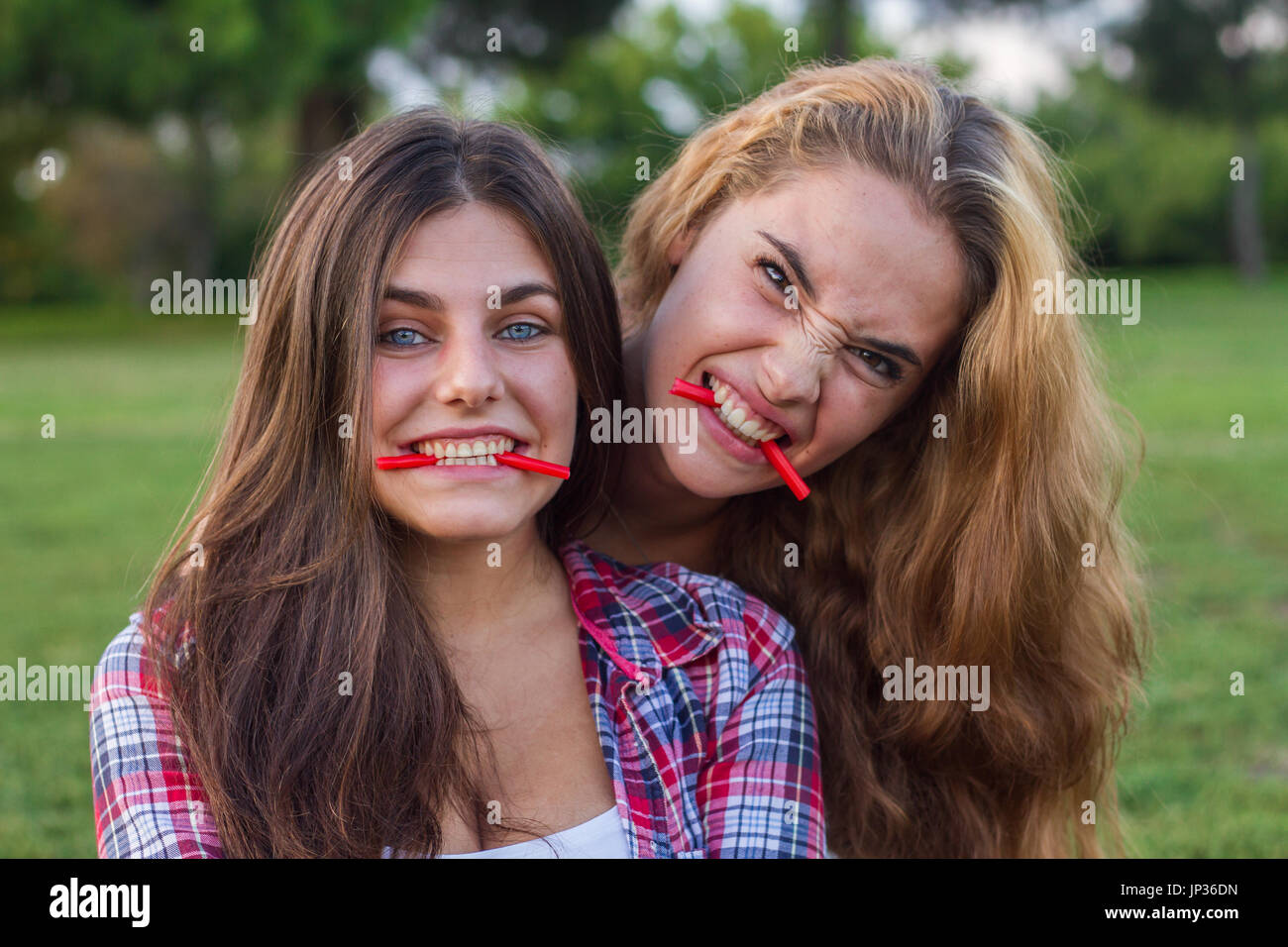 Female friends enjoying en mangeant une réglisse rouge maison de vacances dans le parc. Ils sont jeunes, l'un a les yeux bleus et l'autre est blonde. Banque D'Images