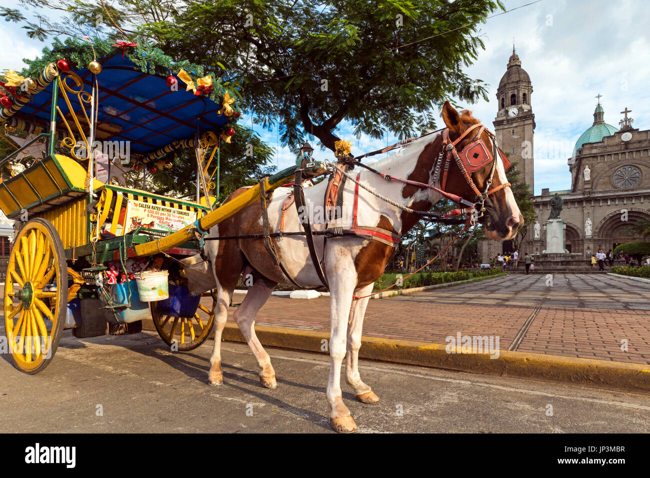 Kalesa à la Cathédrale de Manille, Intramuros, Philippines Banque D'Images