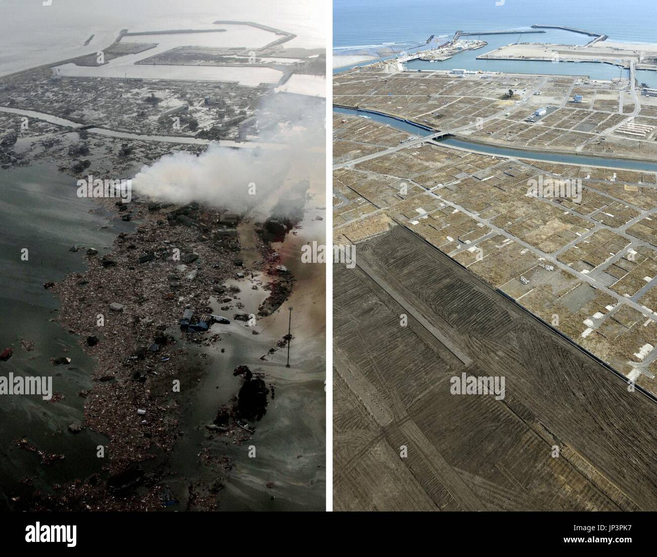 SENDAI, Japon - Photos prises de Kyodo News montrent l'hélicoptère Yuriage domaine de Natori, préfecture de Miyagi, le 12 mars 2011 (L), un jour après le grand séisme de l'Est du Japon et le tsunami, et le 4 mars 2014 (R). (Kyodo) Banque D'Images