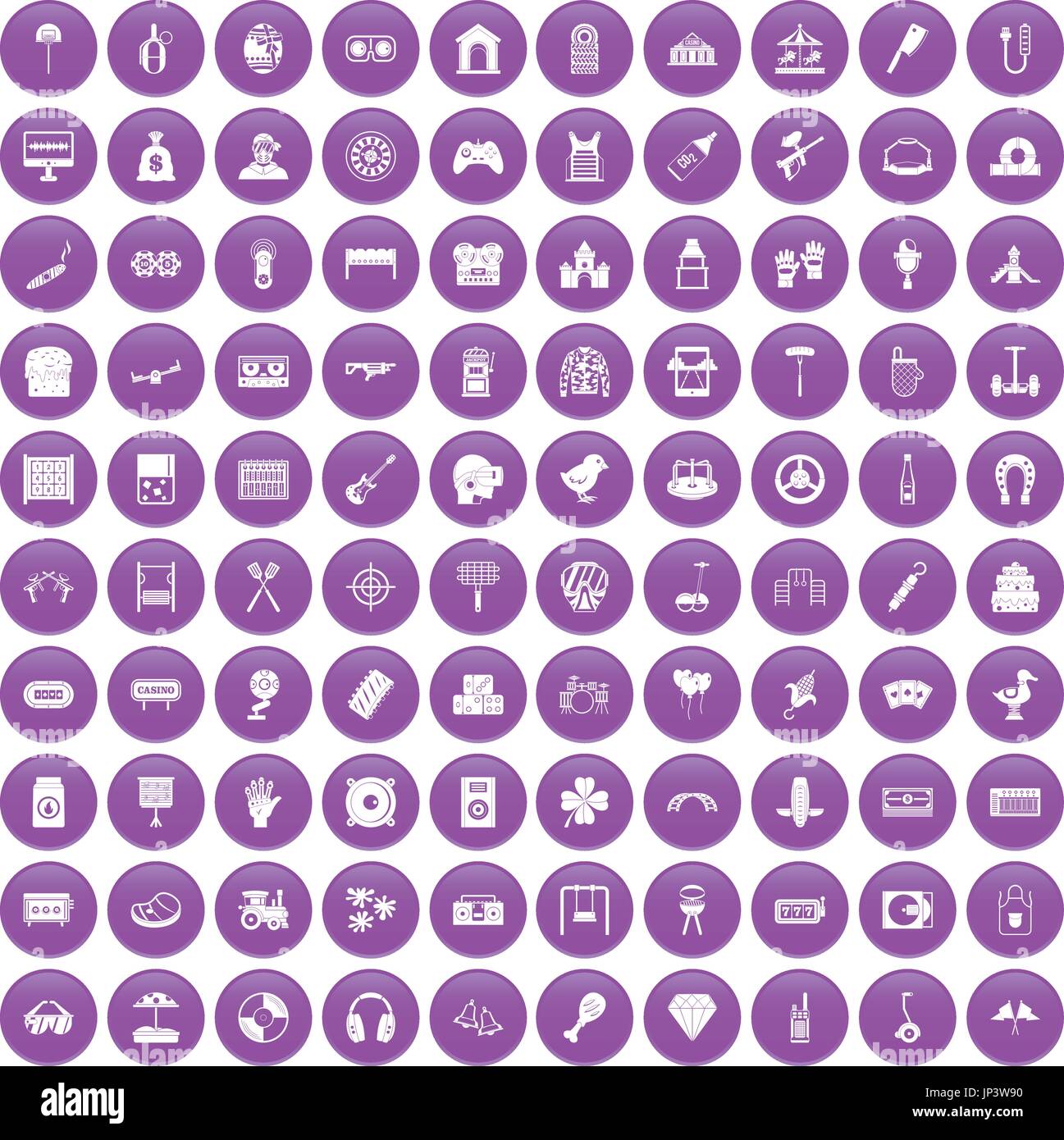 100 entertainment icons set purple Illustration de Vecteur