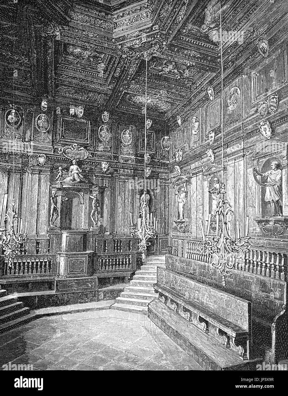 Lyceum d'anatomie dans l'ancienne université de Bologne, Italie, amélioration numérique reproduction d'une gravure sur bois à partir de la publication de l'année 1888 Banque D'Images