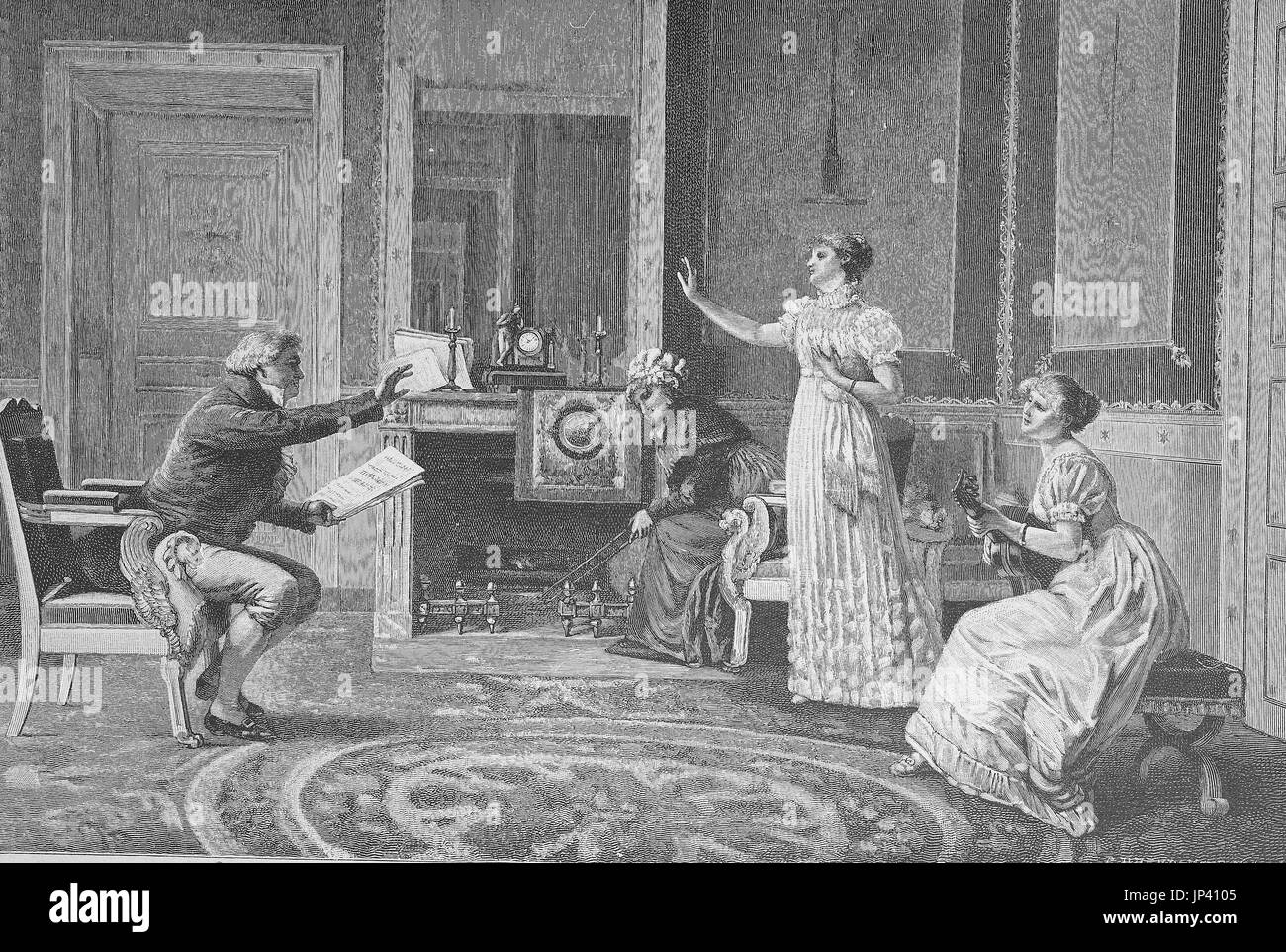 L'heure de chant, le professeur de musique et ses élèves, singer avec accompagnement de guitare numérique, l'amélioration de la reproduction d'une gravure sur bois à partir de la publication de l'année 1888 Banque D'Images