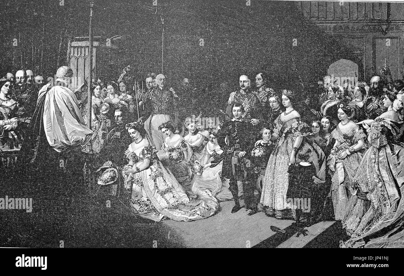 Le mariage du Prince Guillaume de Prusse avec la Princesse Victoria d'Angleterre à la chapelle de St James's Palace à Londres le 25 janvier 1858, l'Angleterre, l'amélioration numérique reproduction d'une gravure sur bois à partir de la publication de l'année 1888 Banque D'Images