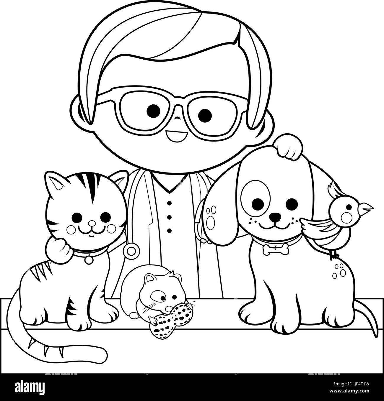 Médecin vétérinaire et petits animaux de compagnie, un chat, un chien, un perroquet et un hamster. Hôpital vétérinaire. Page de coloriage noir et blanc vectoriel. Illustration de Vecteur