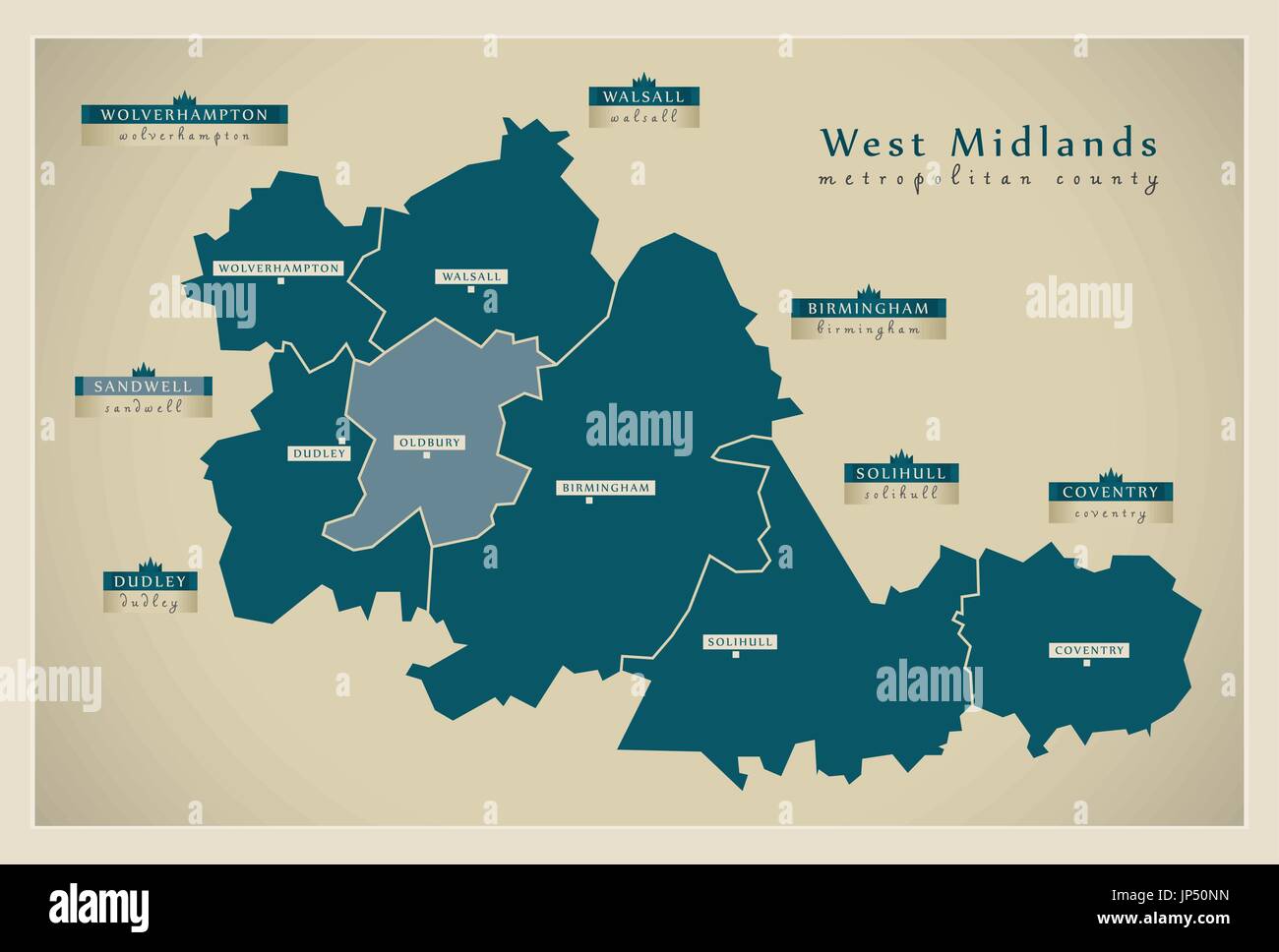 Carte moderne - West Midlands comté métropolitain avec étiquettes district England UK Illustration de Vecteur