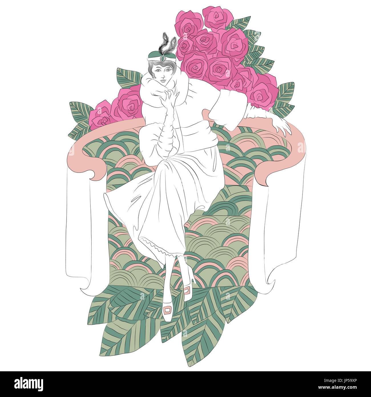 Belle femme avec des fleurs dans la mode style rétro. Livre de coloriage. Vector illustration. Illustration de Vecteur