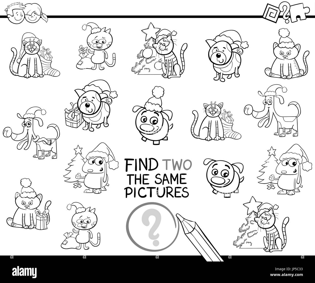 Illustration Cartoon noir et blanc de trouver deux images identiques jeu éducatif pour Enfants avec animaux coloriages de Noël Illustration de Vecteur