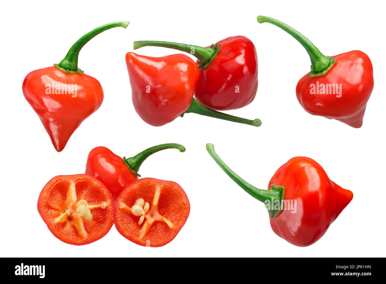 Chupetinho ou Biquinho chili piment (Capsicum chinense), ensemble et split. Chemin de détourage pour chaque plaque. Banque D'Images