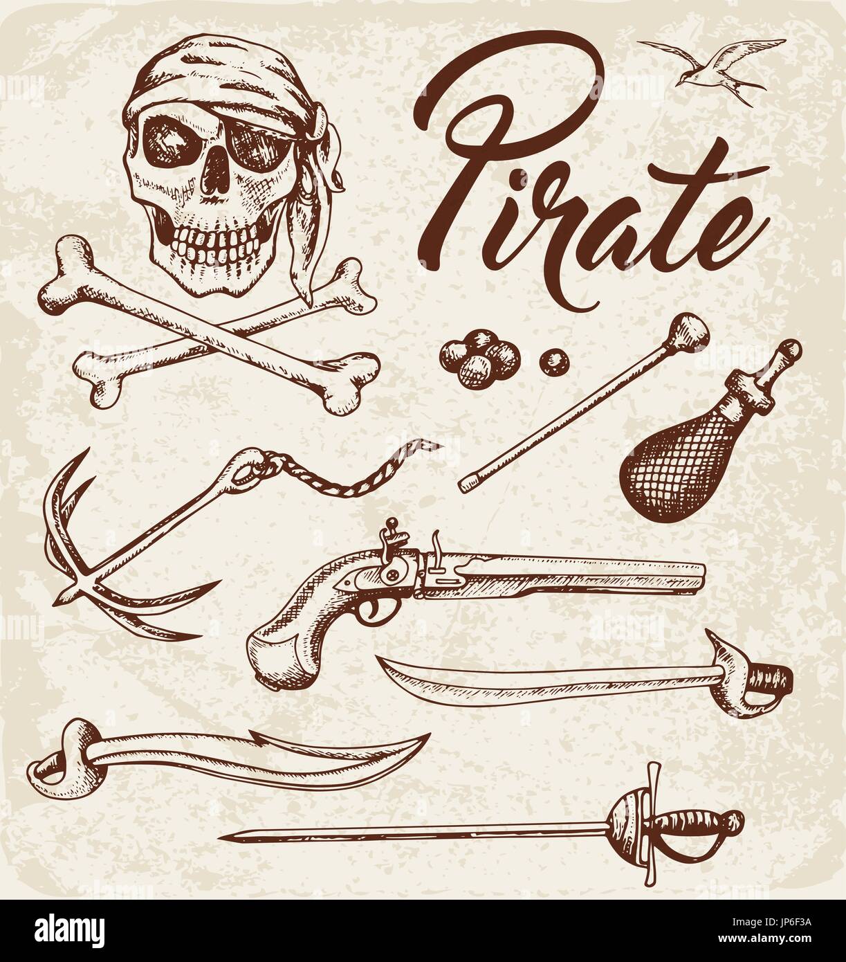 Jeu de vector vintage hand drawn armes de pirates. Éléments de conception de pirate. Illustration de Vecteur