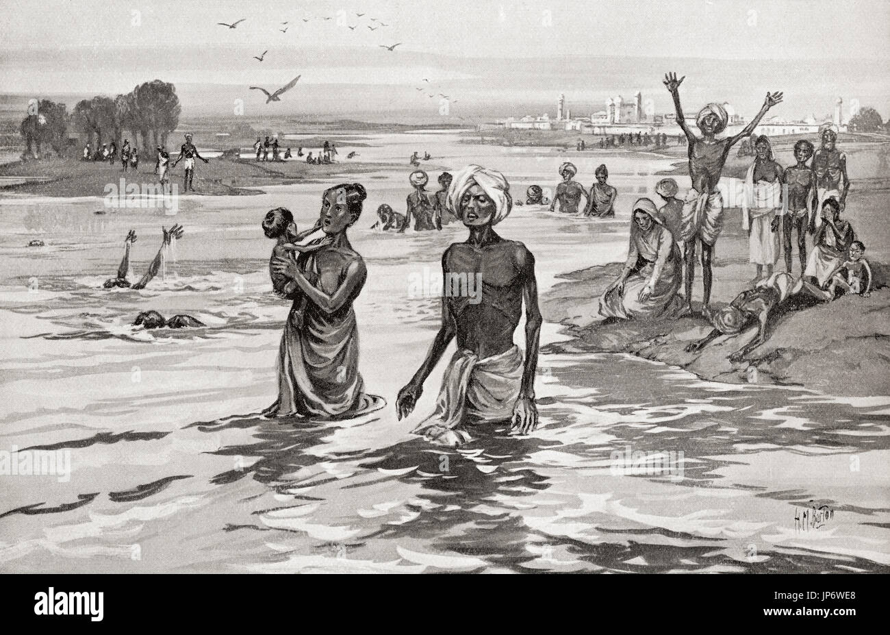 Les personnes qui souffrent de famine se noyer dans la rivière Yamuna aka Jamna après un 13ème siècle la famine dans le nord de l'Inde. L'histoire de Hutchinson de l'ONU, publié en 1915. Banque D'Images
