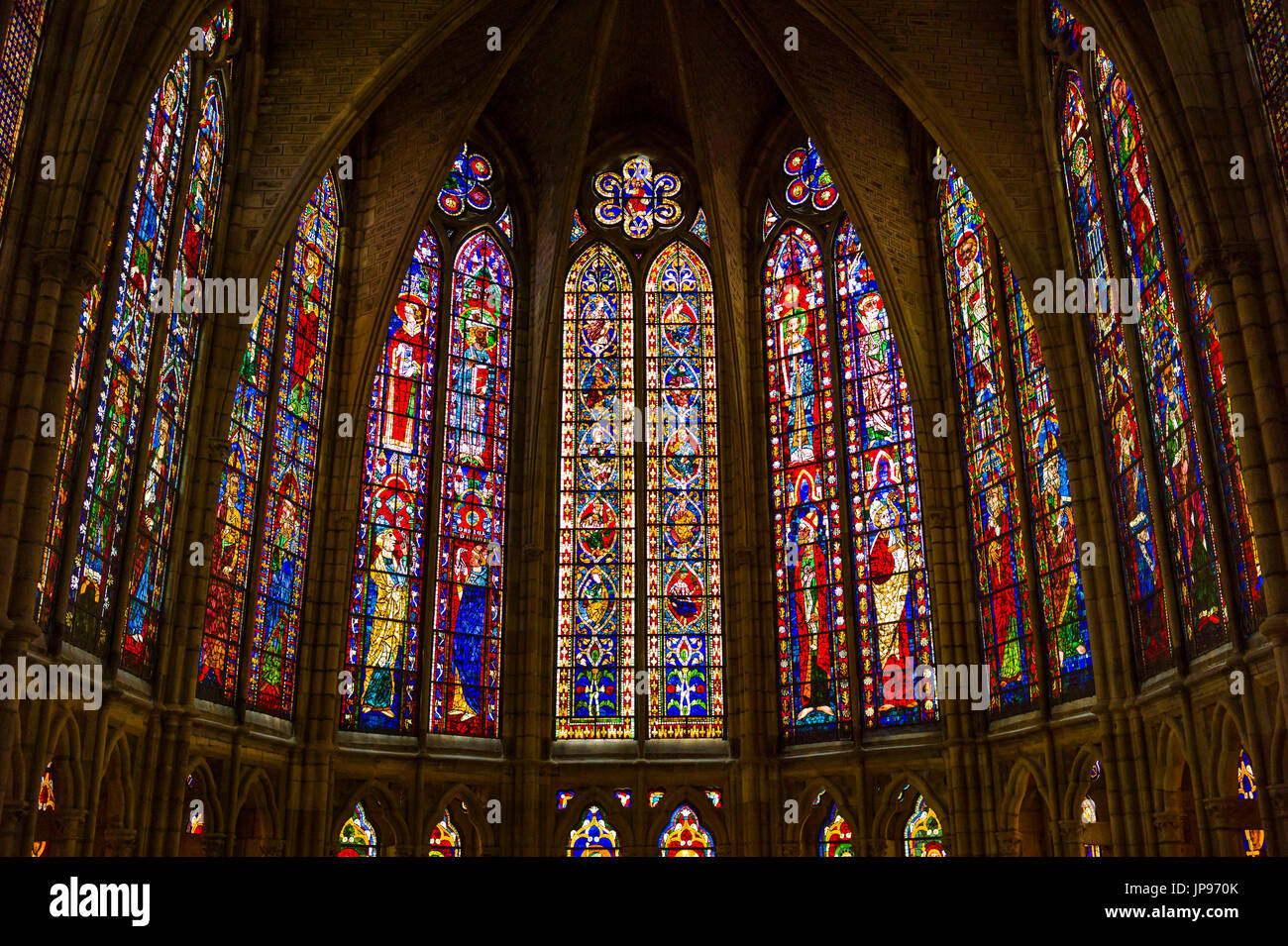 Verreries de fenêtres de style gothique, la Cathédrale, Leon, Espagne Banque D'Images