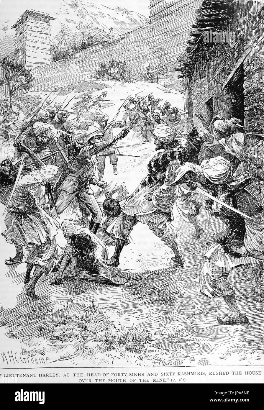 Expédition de Chitral, Inde, 1895. Attaque britannique sur l'entrée de la mine. Livre : batailles illustrés du xixe siècle (1895) Banque D'Images