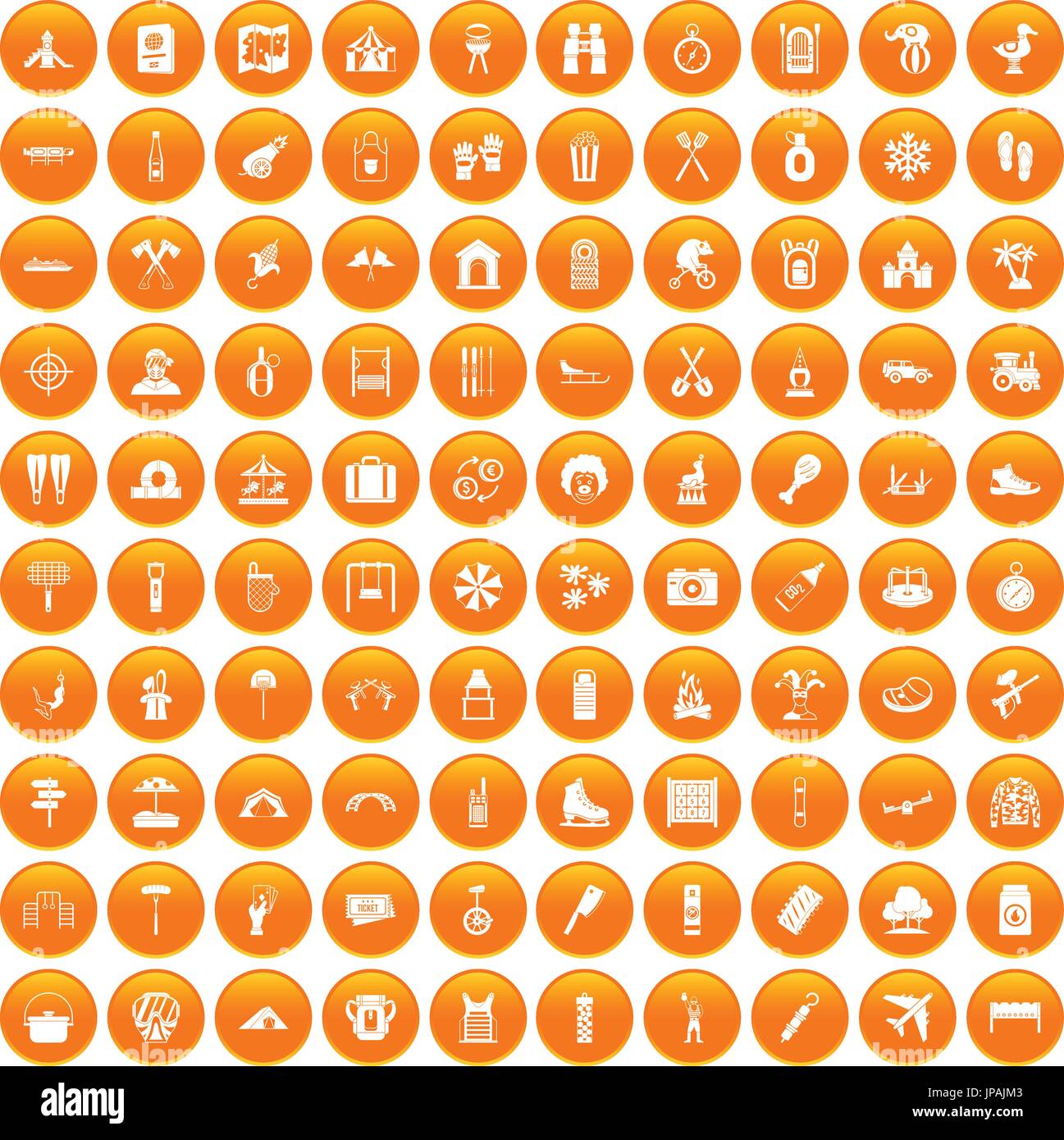 100 famille vacances orange icons set Illustration de Vecteur