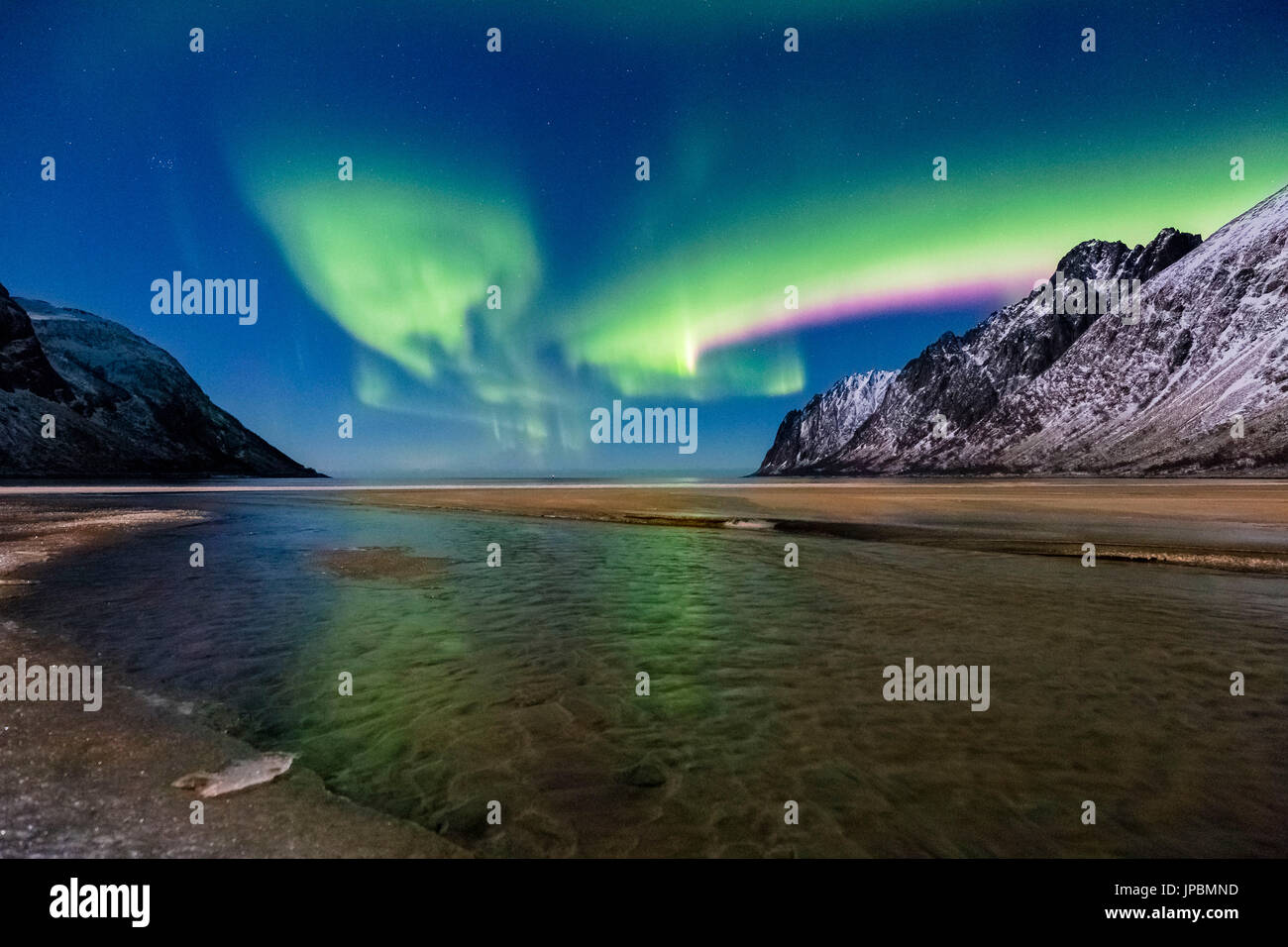 Northern Lights rose et vert dans le ciel nocturne plus Ersfjord Beach. Ersfjord, Ersfjorden, Senja, Norvège, Europe. Banque D'Images