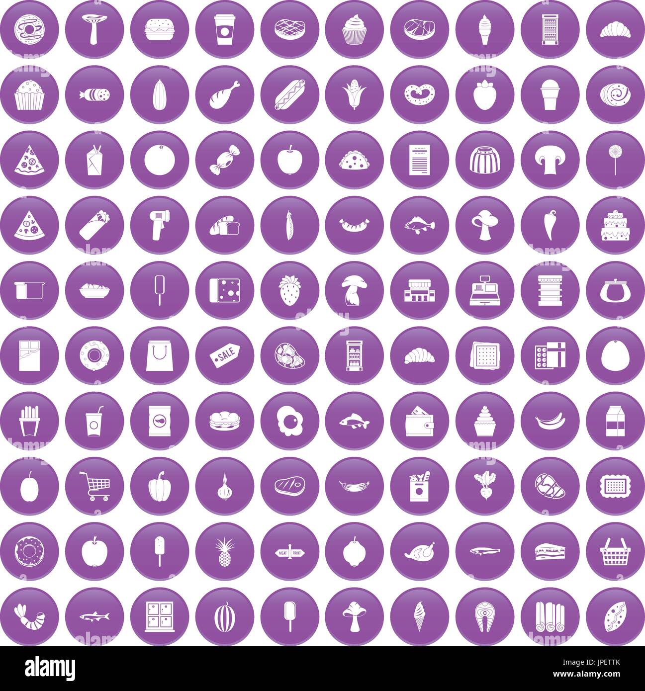 100 food shopping icons set purple Illustration de Vecteur