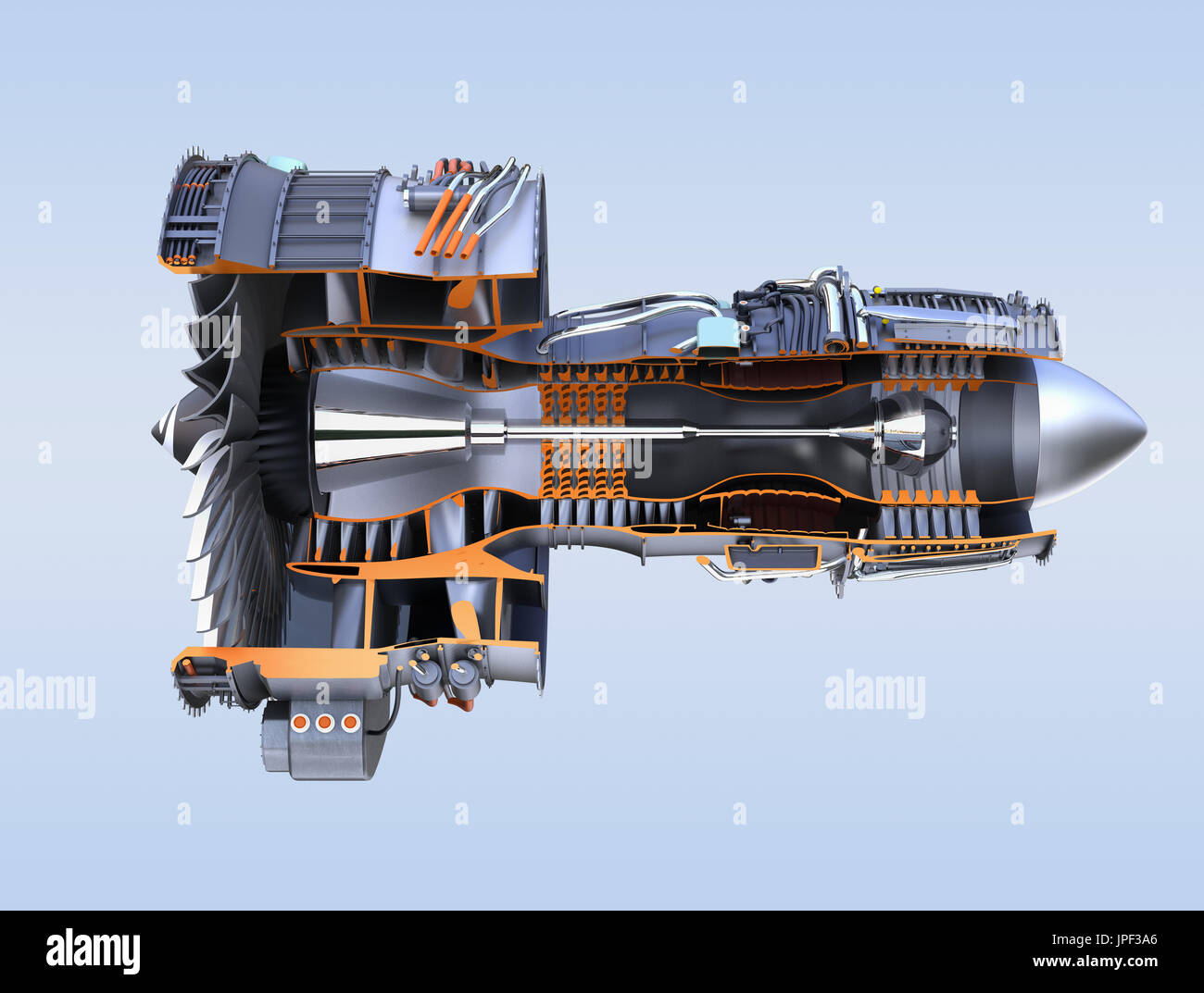 Section transversale du moteur jet turbofan isolé sur fond blanc. Le rendu 3D image. Banque D'Images