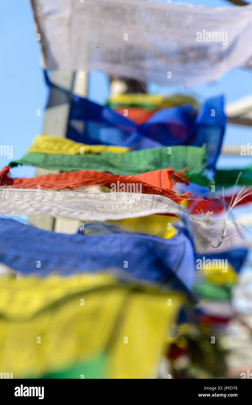 Drapeaux de prière tibetains dans le vent Banque D'Images