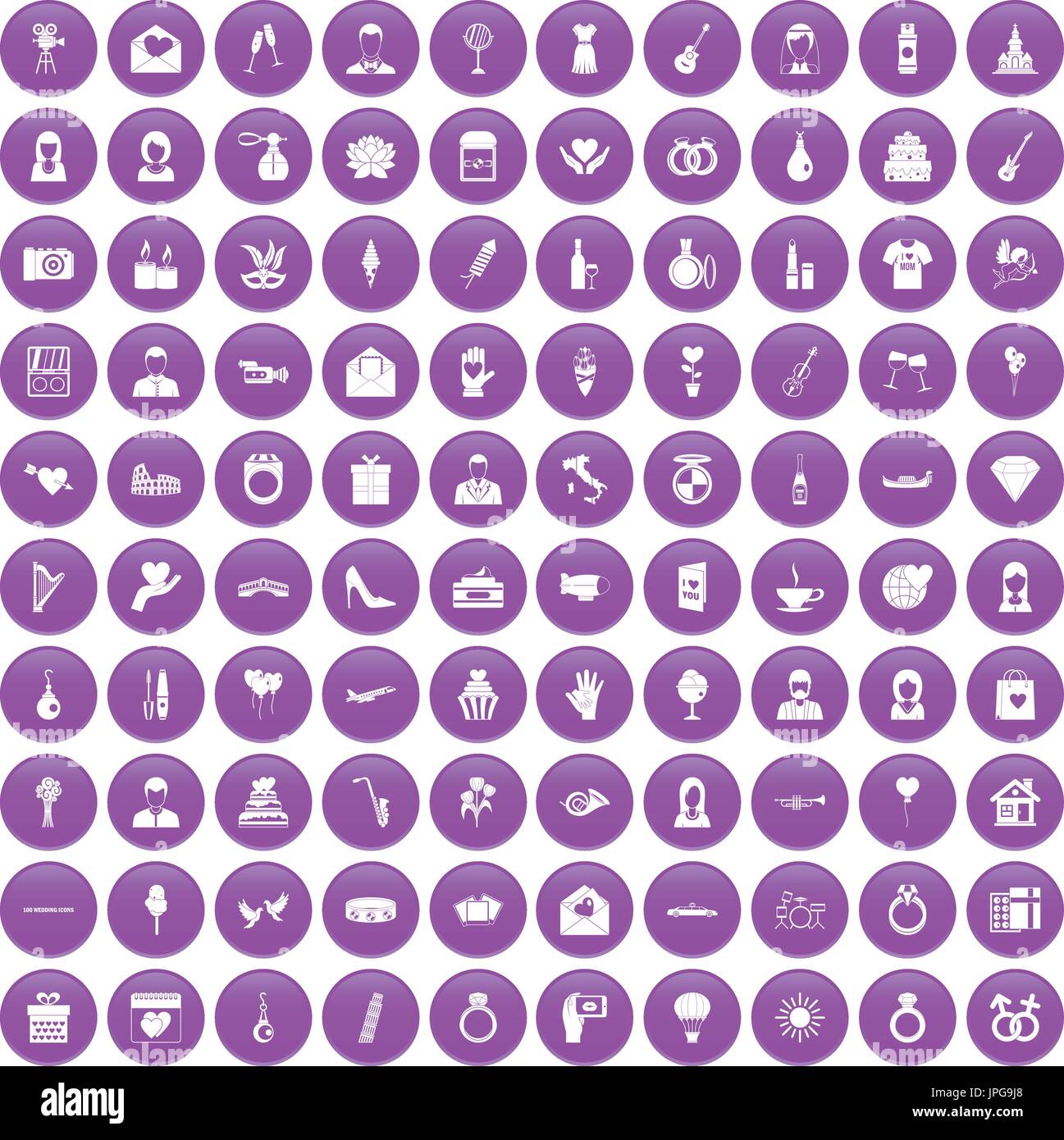 100 icônes de mariage violet set Illustration de Vecteur