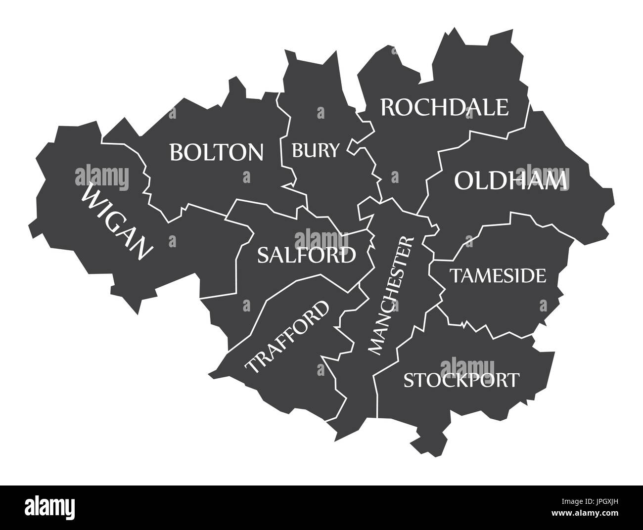 Le Grand Manchester Metropolitan county England UK carte noire avec illustration des étiquettes blanches Illustration de Vecteur