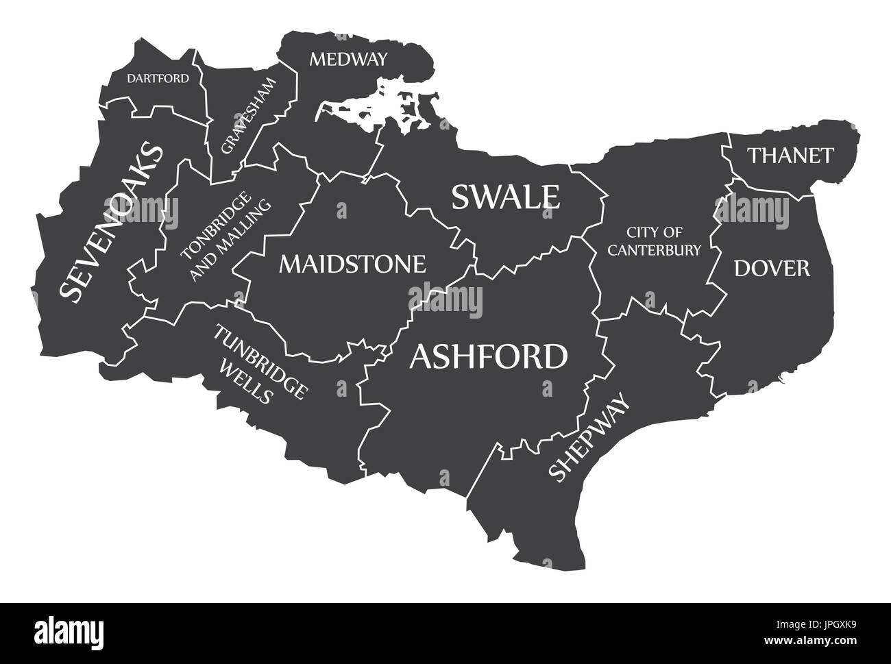 Le comté de Kent England UK carte noire avec illustration des étiquettes blanches Illustration de Vecteur