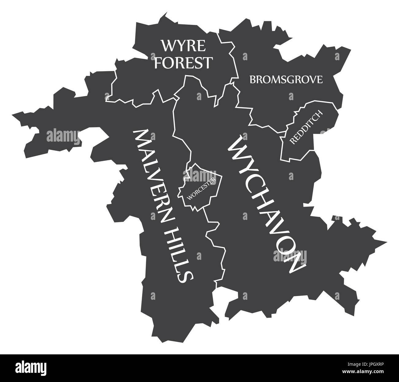 Le comté de Worcestershire England UK carte noire avec illustration des étiquettes blanches Illustration de Vecteur