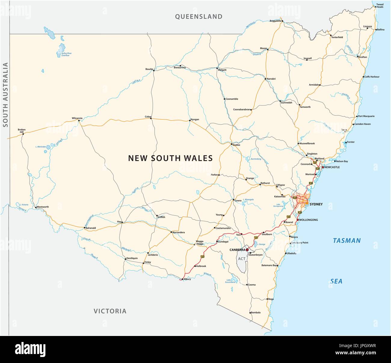 Carte routière de l'état australien de la Nouvelle-Galles du Sud la carte Illustration de Vecteur