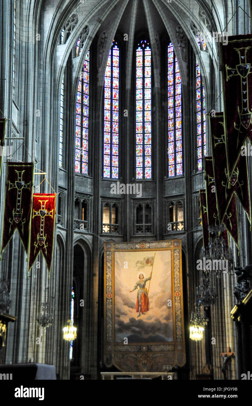 Une tapisserie de Jeanne d'Arc dans la cathédrale Sainte-Croix d'Orléans, France. Banque D'Images